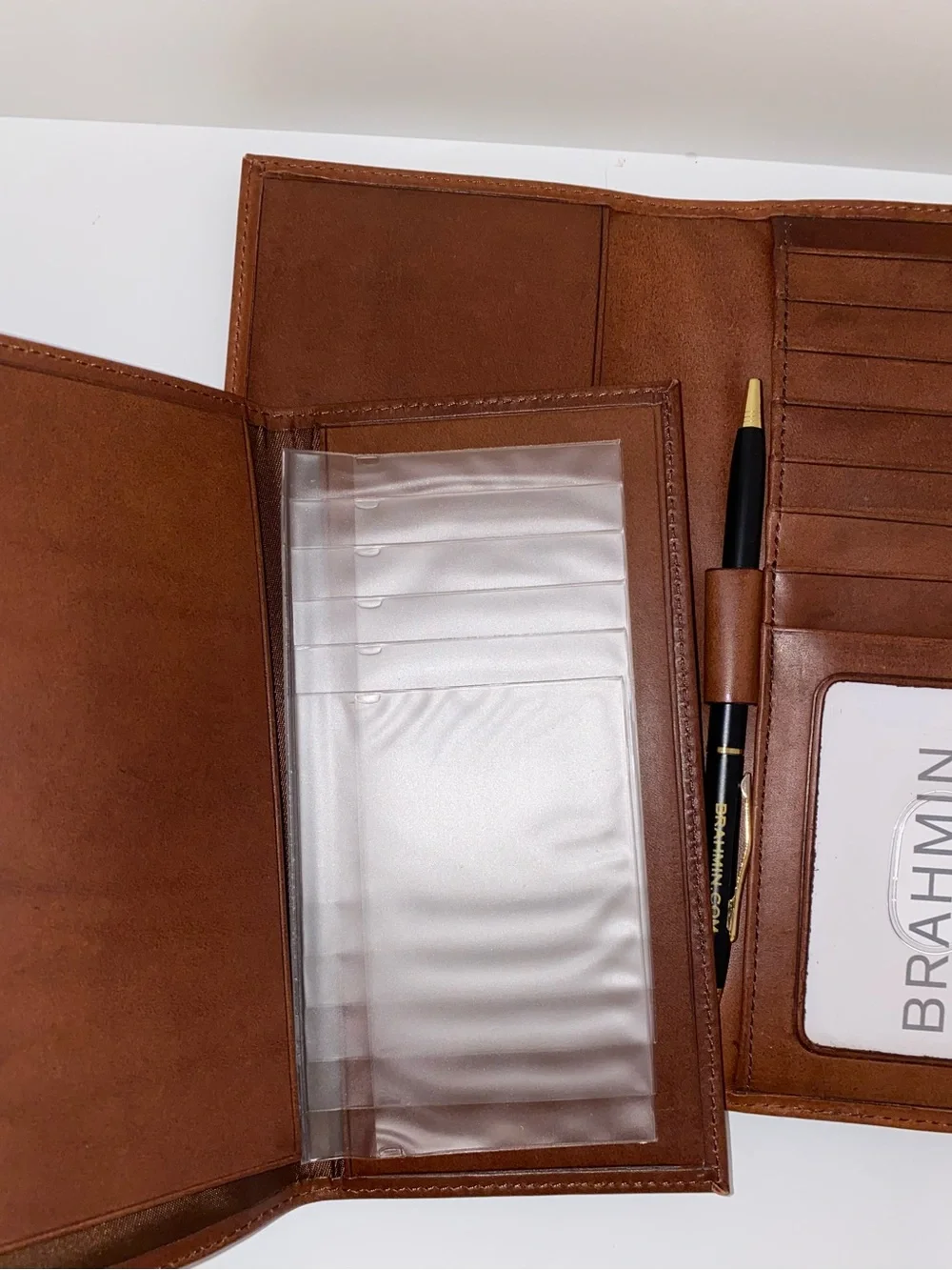 NWT Brahmin Cognac Brown Leather Foldover Wallet with Gold Accent Plaque